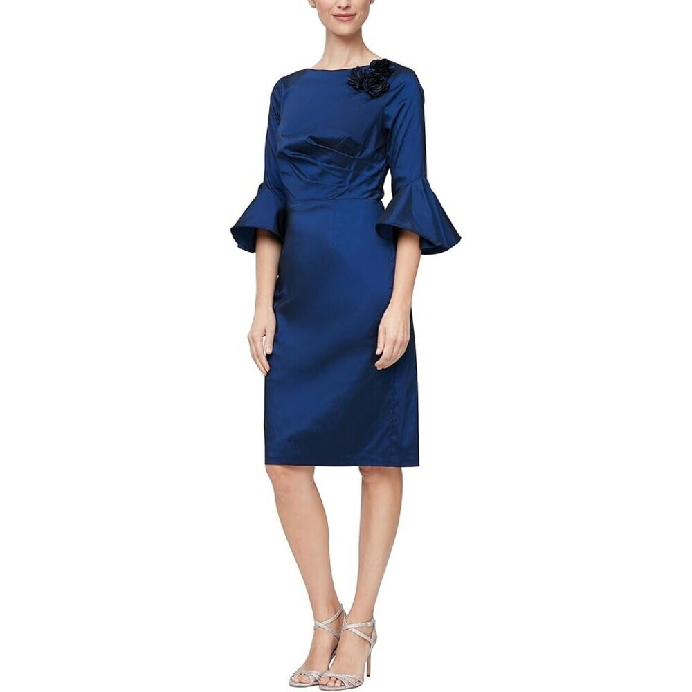 Alex Evenings Dress Women's 8 Blue Floral Detail 3/4 Bell Sleeves Sheath APP1247